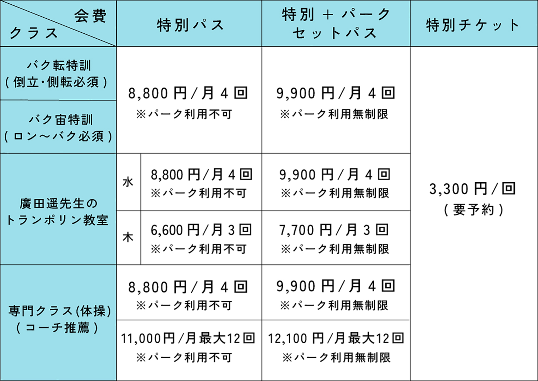 特別レッスン(小学生〜高校生) 料金表